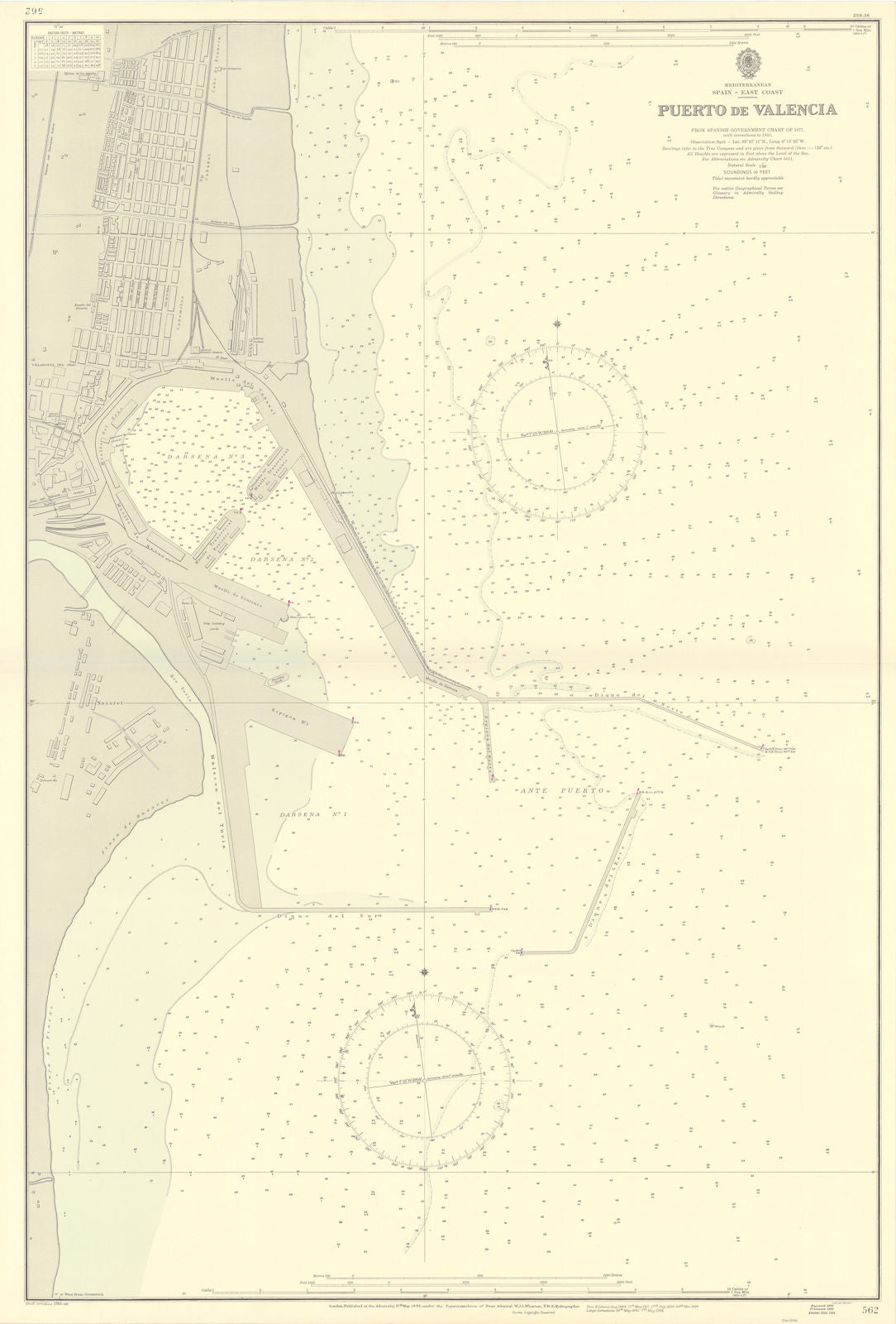 Puerto de Valencia, Spain. ADMIRALTY sea chart 1895 (1955) old vintage map